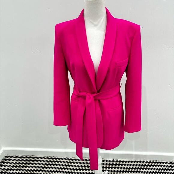 Zara Set Pink Tuxedo Collar Tie Waist Blazer and Flowy Pants. Blogger Fav - Picture 7 of 16